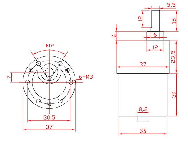 12V 100RPM 4kgfcm DC Gear Motor 12W Dimension